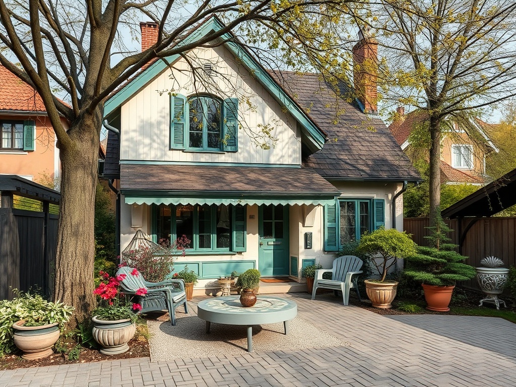 Симпатичный загородный дом с зелеными окнами и уютным двором, окруженный растениями и деревьями.