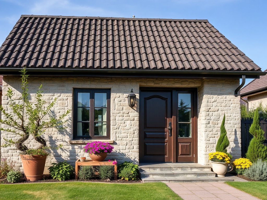 Красивая загородная дом с кирпичной фасадом, цветами и ухоженным газоном под ясным небом.