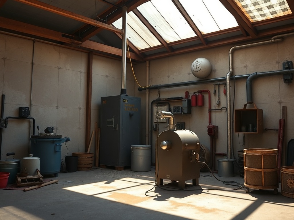 Помещение с промышленным оборудованием, сосуды и трубы на стенах, потолок со стеклянными панелями.