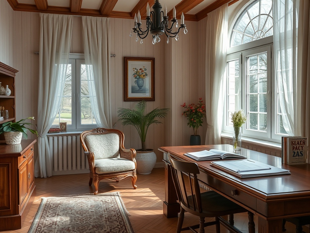 Светлый кабинет с деревянной мебелью, креслом и окном, украшенным цветами и шторами.