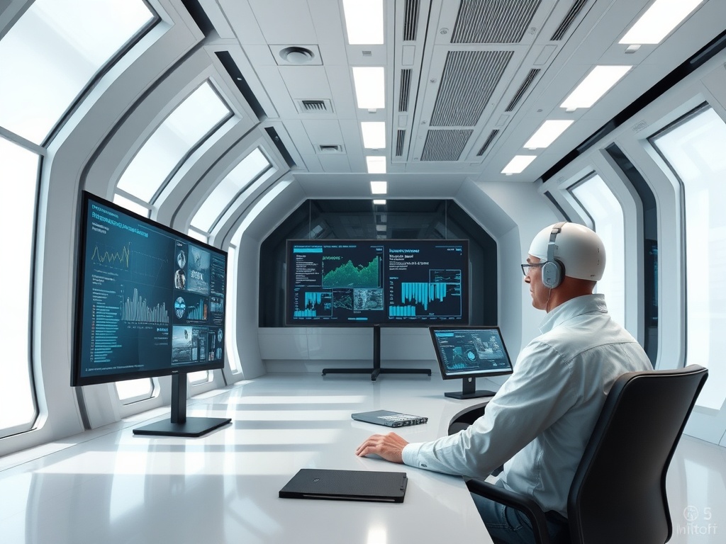 Современный офис с большим количеством экранов и человеком в наушниках, работающим за столом.