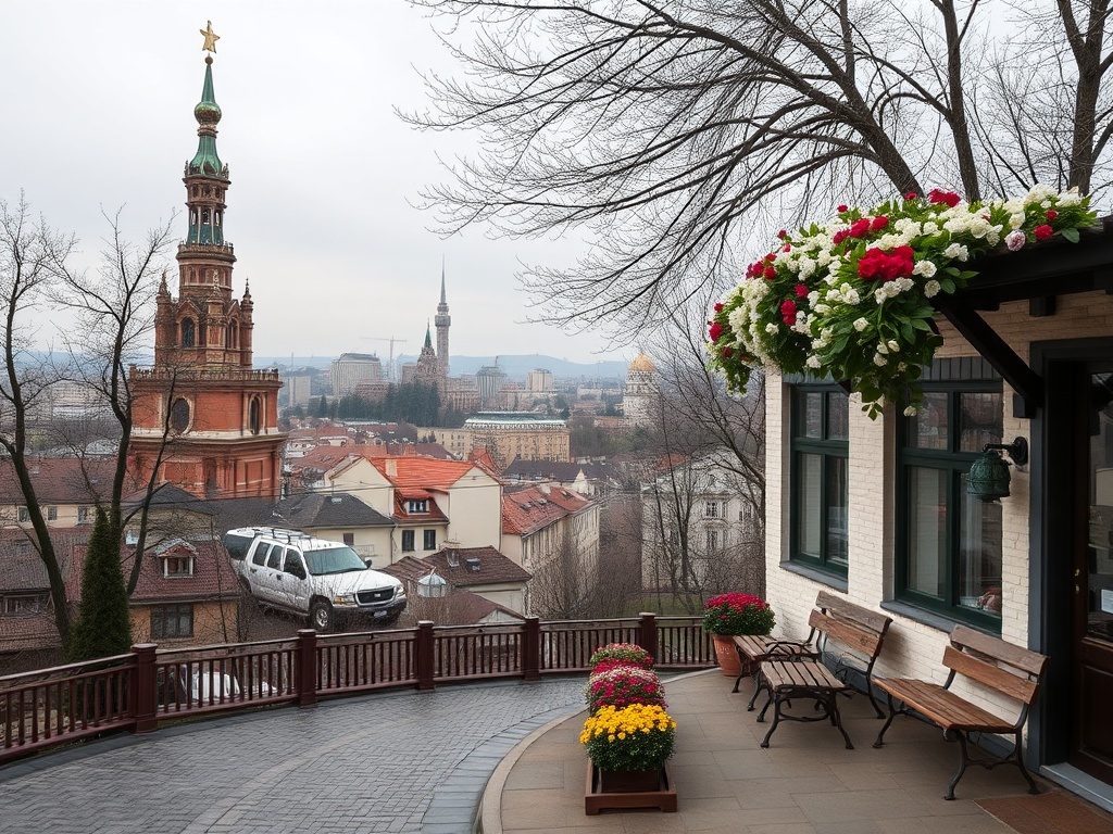 Вид на город, украшенный цветами, с крыши дома и исторической башней на фоне. Серое небо.