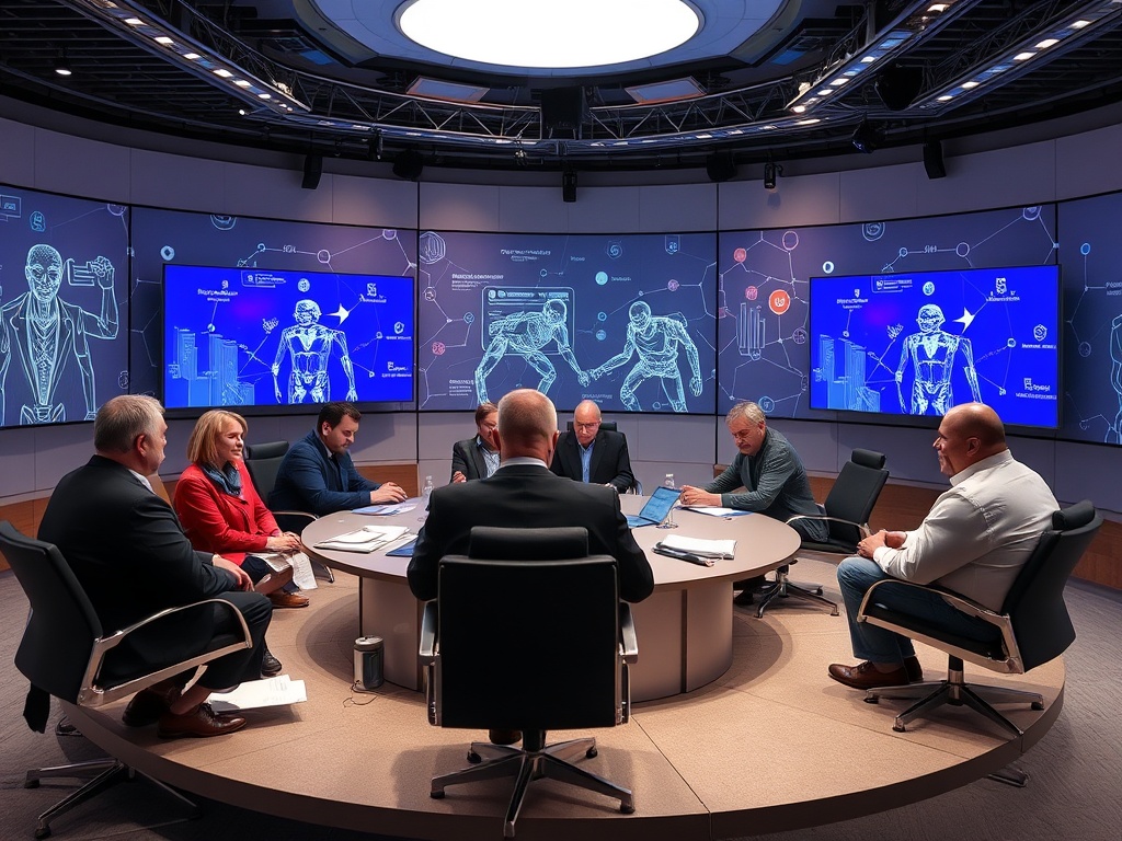 Группа людей обсуждает инновационные технологии в современном офисе с цифровыми экранами.