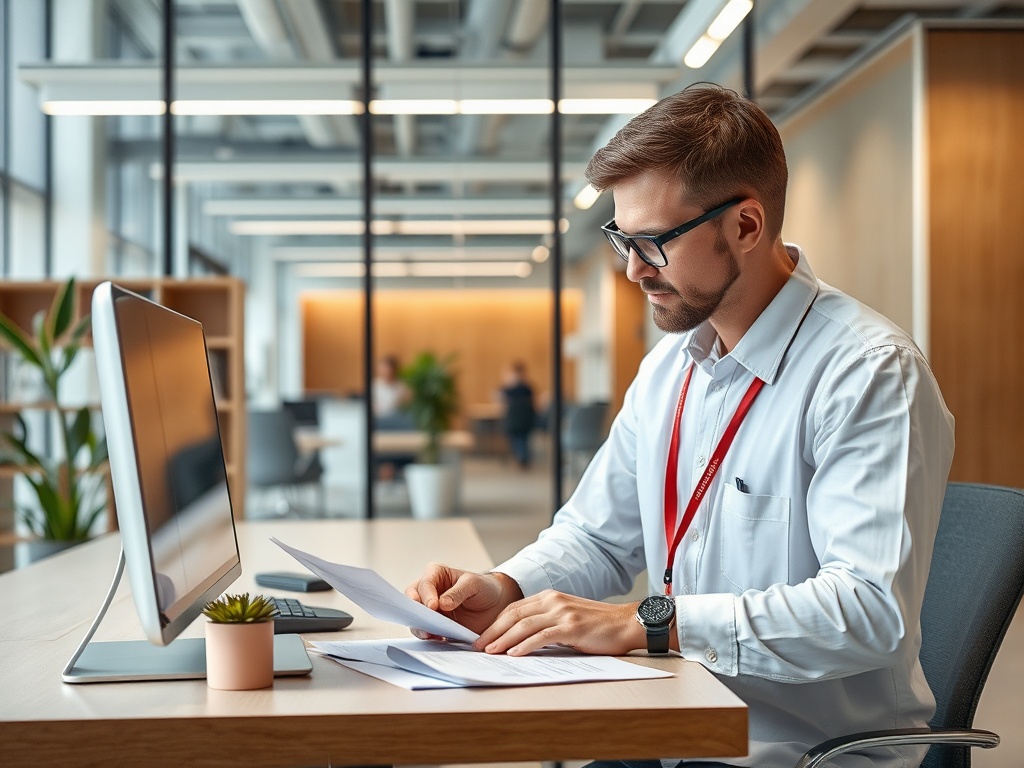 Мужчина в офисе работает за столом, просматривая документы и пользуясь компьютером.