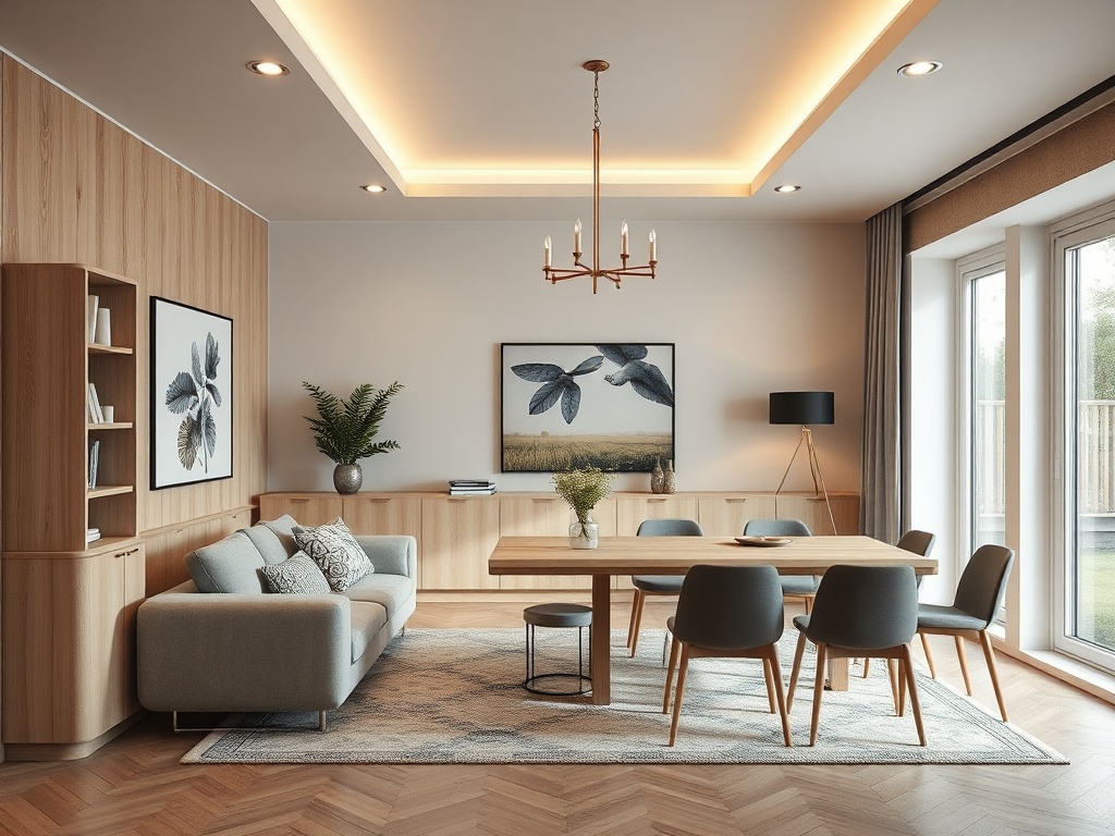 Современный светлый интерьер гостиной с деревяными стенами, столом, стульями и художественными картинами на стенах.