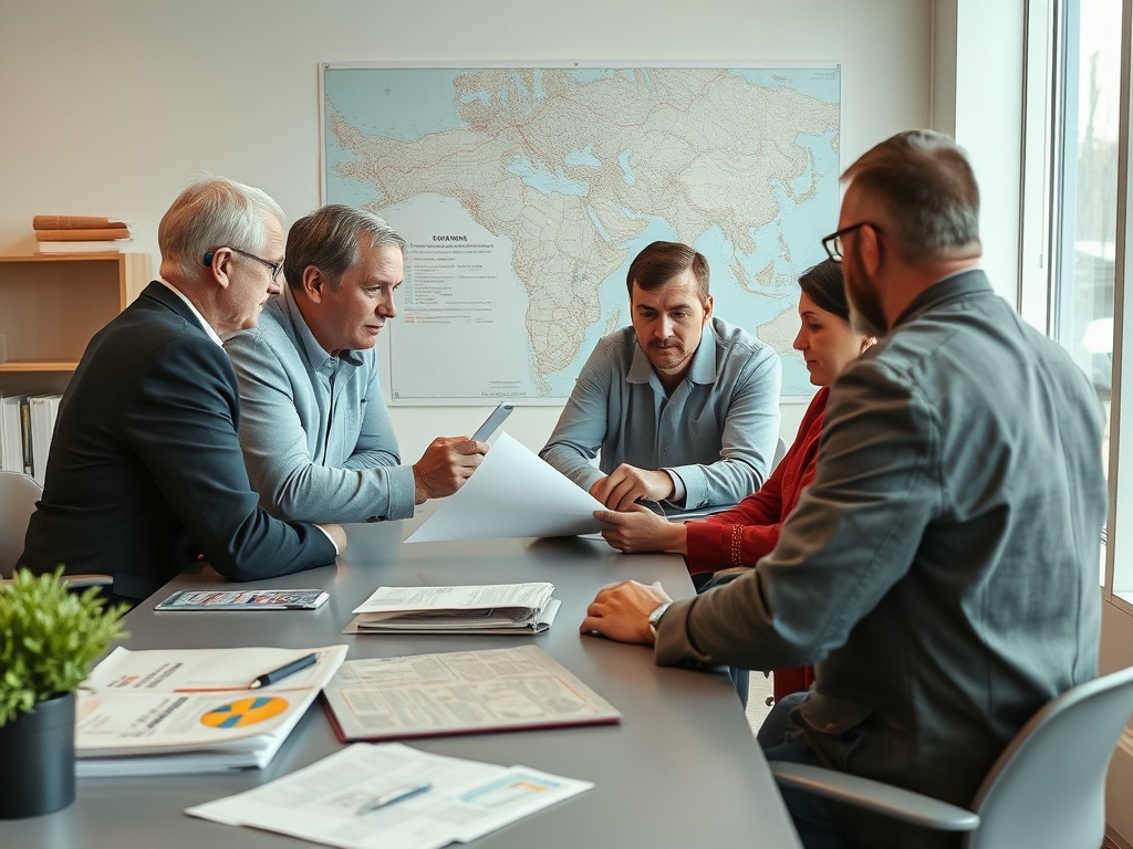 Группа людей обсуждает документы за столом в современном офисе с картой на стене.