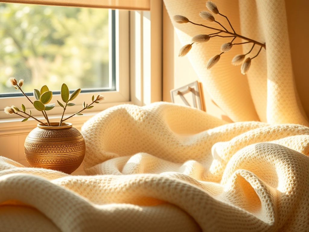 Светлое окно с вазой и растением на фоне белого пледа и занавесок, освещённых мягким солнечным светом.