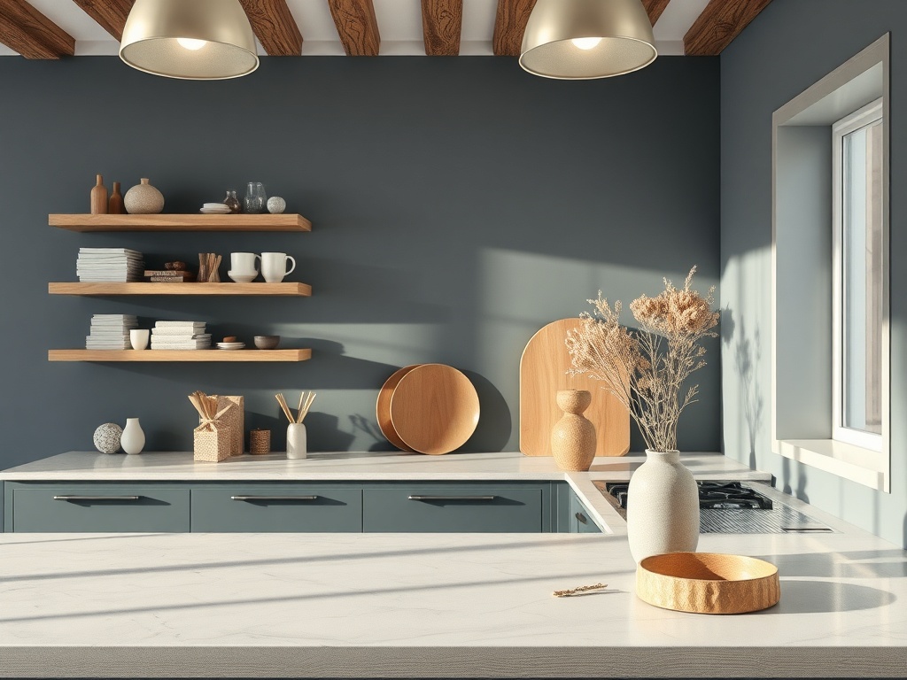 Современная кухня с деревянными полками, посудой и вазой с сухими цветами на столе. Светлые тона.