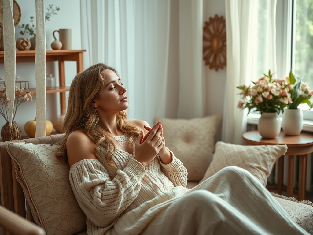 Женщина в светлом свитере расслабленно сидит на диване у окна с цветами, задумчиво смотря вдаль.