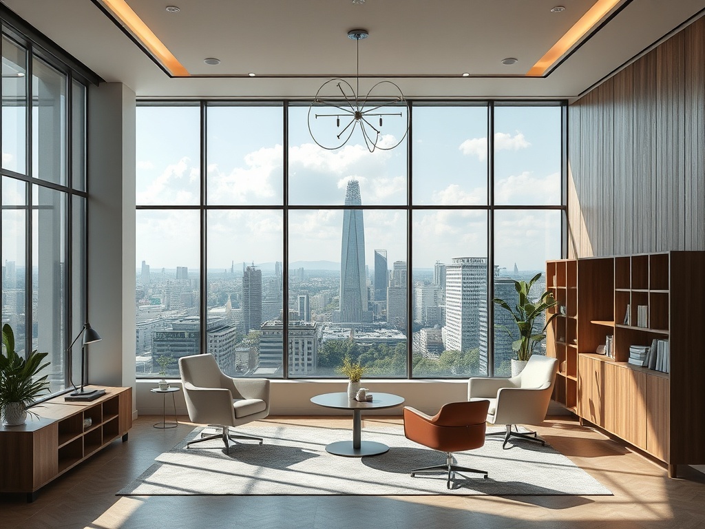 Современный офис с видом на город, яркий интерьер с растениями и стильной мебелью.