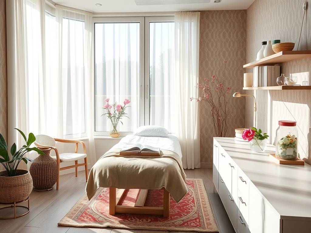 Светлая комната для релаксации с массажным столом, растениями и уютной мебелью у окна.