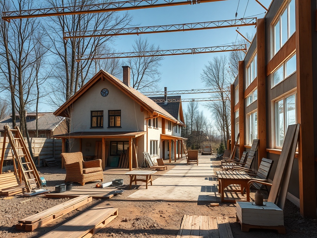 Строительная площадка с домом, деревянными сиденьями и стройматериалами под ясным небом и деревьями.