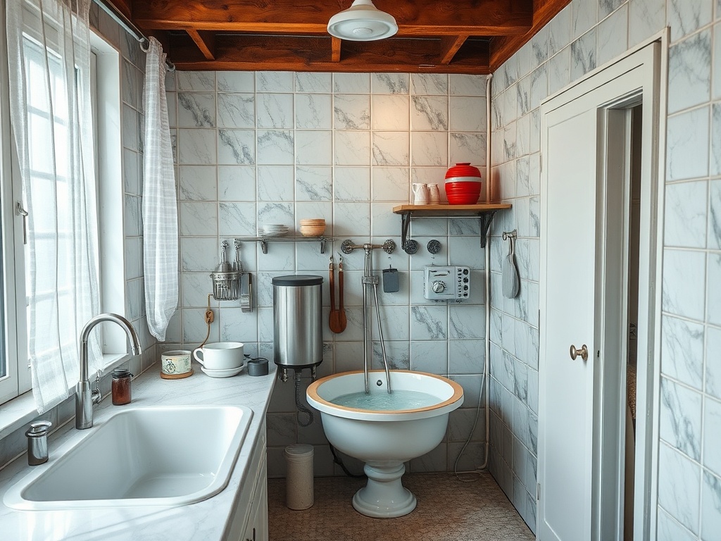 Современная ванная комната с мраморной плиткой, раковиной и небольшой ванной. Яркие аксессуары на полках.