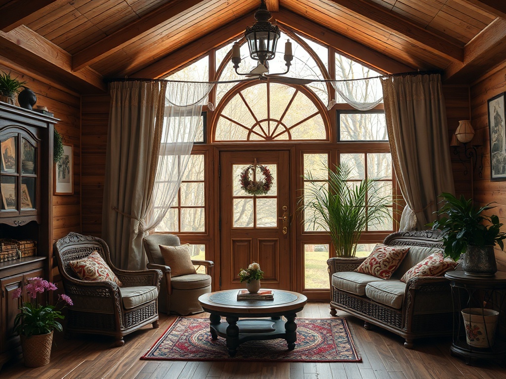 Уютная гостиная с большими окнами, плетеными креслами и декоративными растениями на фоне деревянных стен.