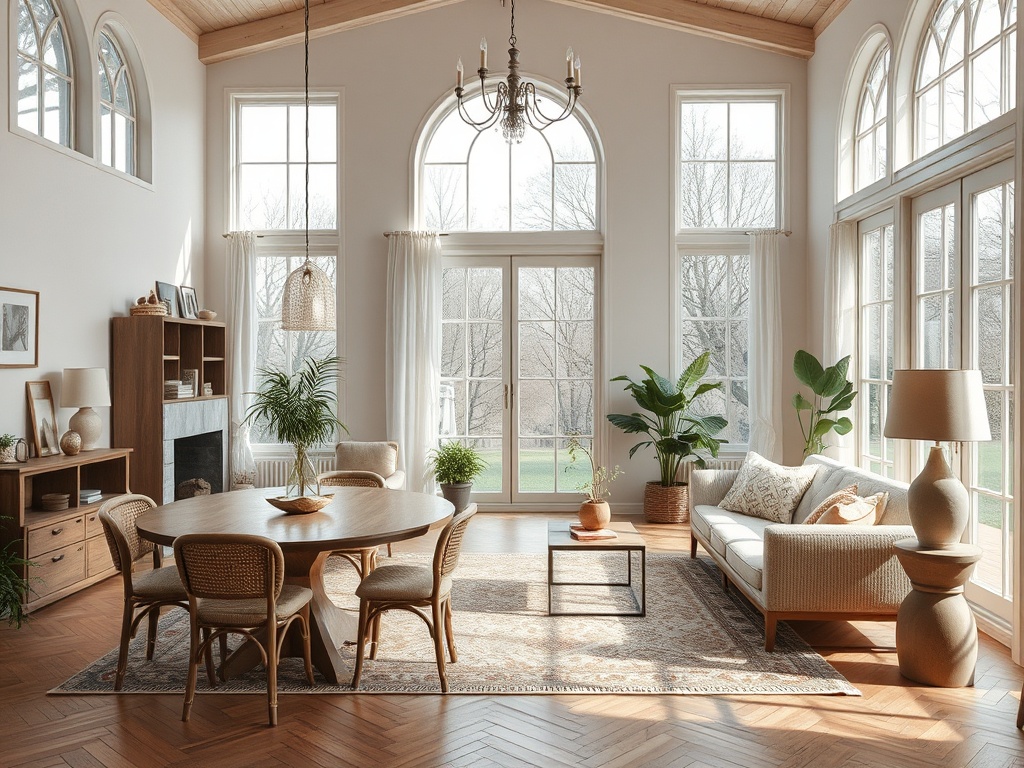Современный уютный интерьер с большими окнами, деревянной мебелью и зелеными растениями.