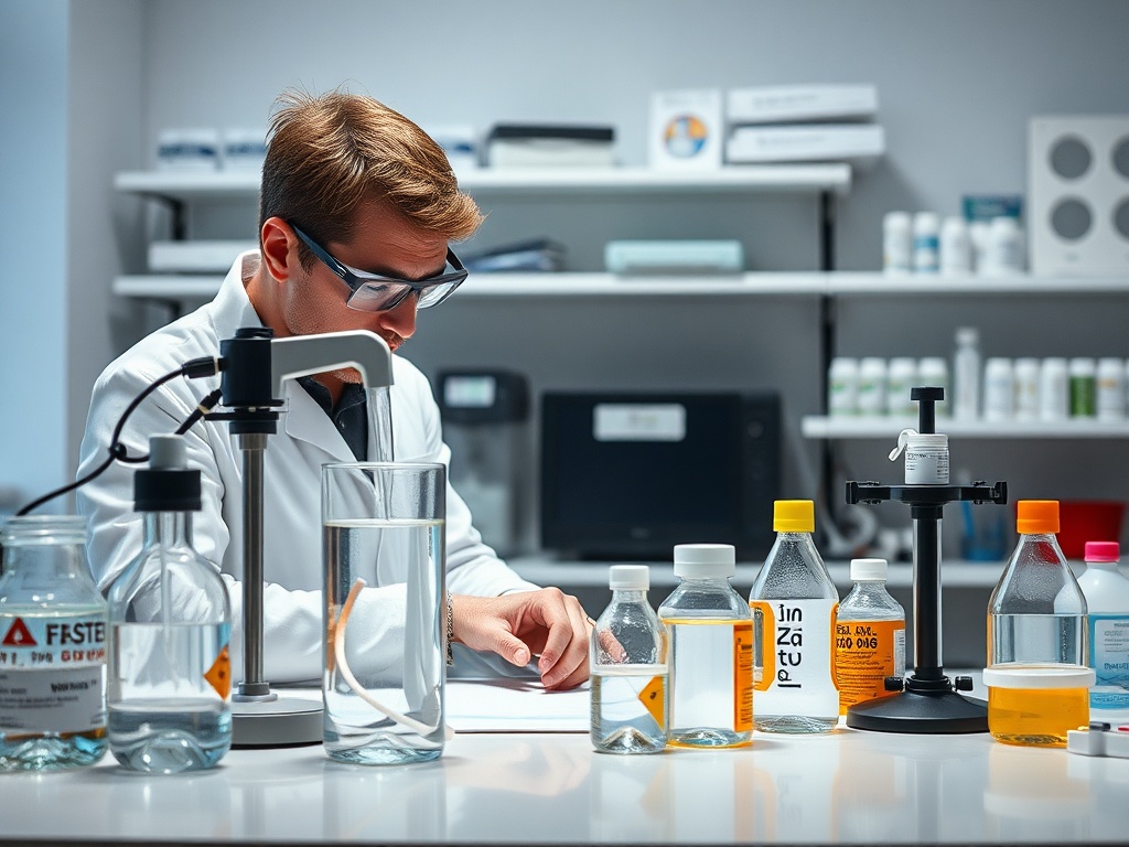 В лаборатории научный работник проводит эксперименты с химическими веществами и растворами.