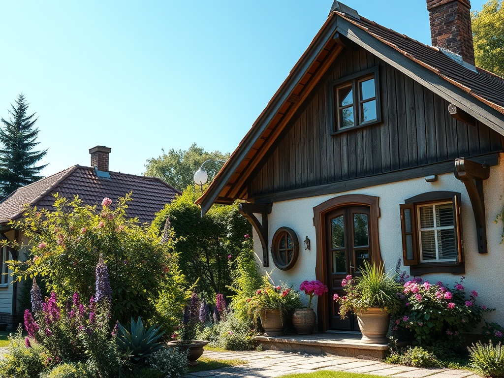 Красивый дом с деревянным фасадом, окруженный цветами и зеленью, под ясным голубым небом.