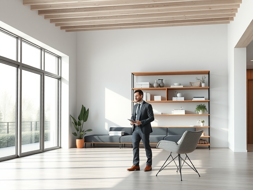 Мужчина в деловом костюме стоит в современном интерьере с большими окнами и стильной мебелью.