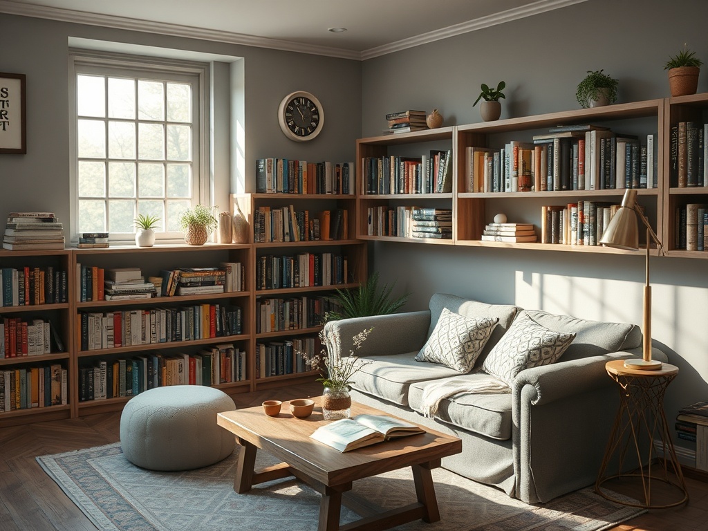 Уютная гостиная с диваном, книжными полками и большим окном, наполняющим комнату светом.