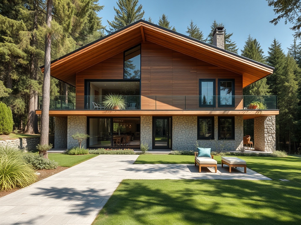 Современный дом с деревянным фасадом и каменной основой, окружённый зелёным ландшафтом.
