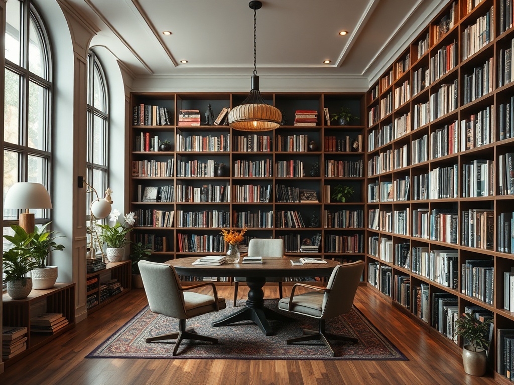 Уютная библиотека с большими окнами, полными книжными полками, столом и стульями для чтения и работы.