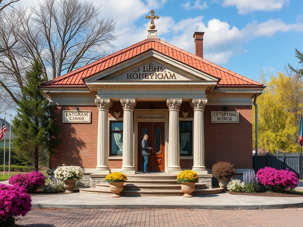 Дом с колонами и крышей, окружённый цветами и деревьями, человек стоит у двери. Светлое небо.