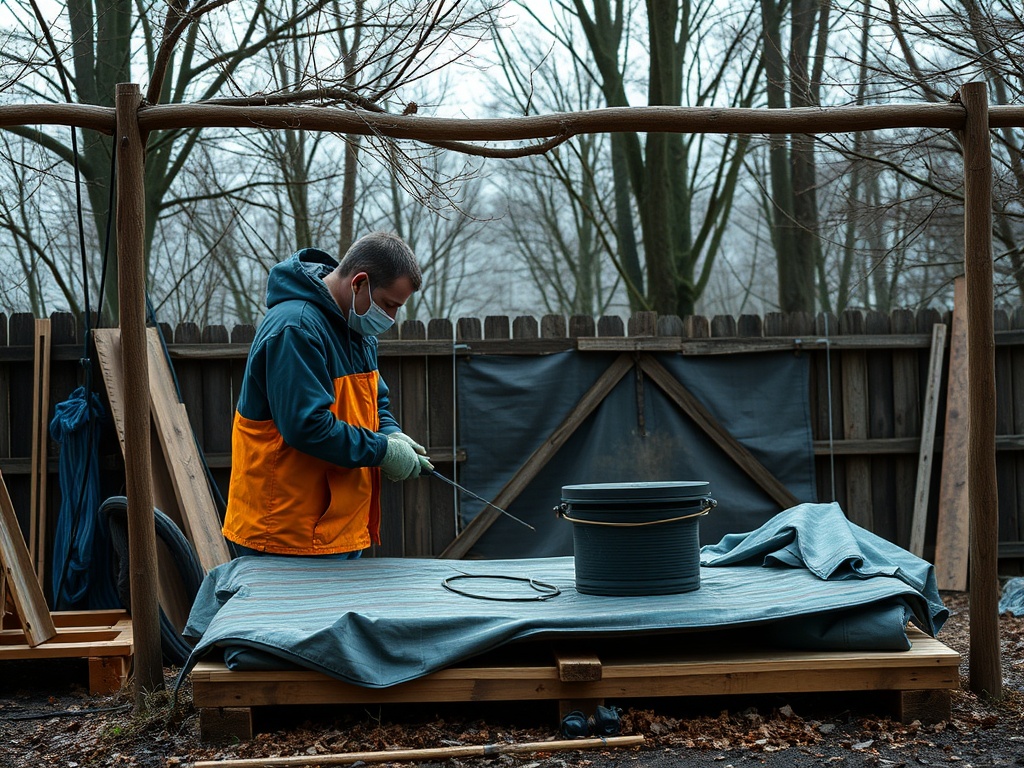 Человек в маске работает на деревянной платформе на фоне деревьев и забора в пасмурный день.