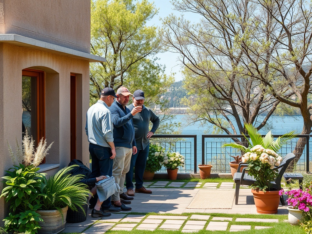 На веранде стоят четверо мужчин, рассматривающих телефон на фоне моря и зелени.