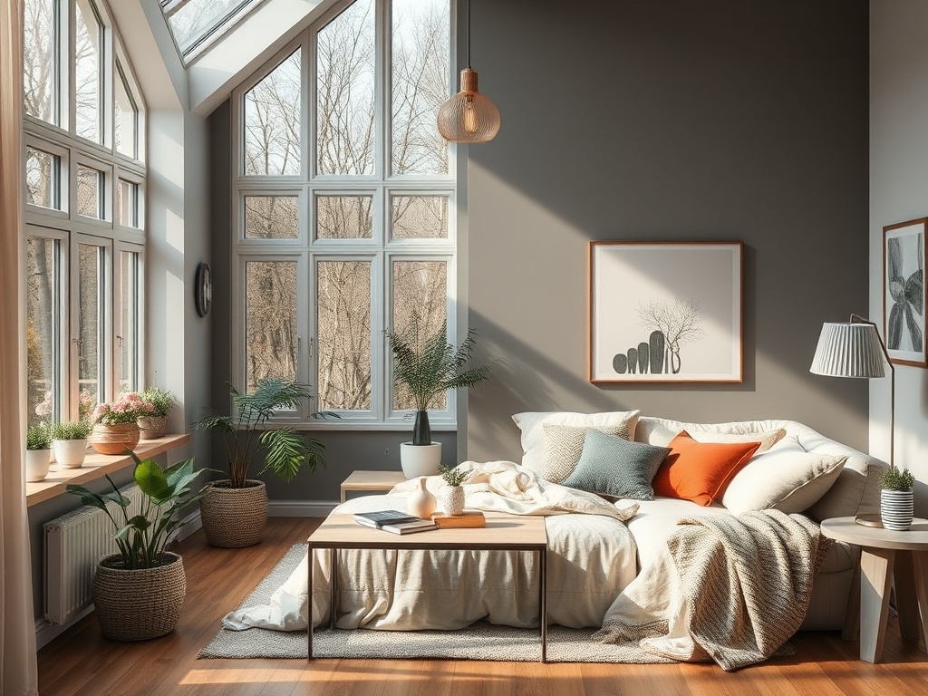 Уютная комната с большими окнами, яркими подушками и зелеными растениями. Светлое и приятное пространство.