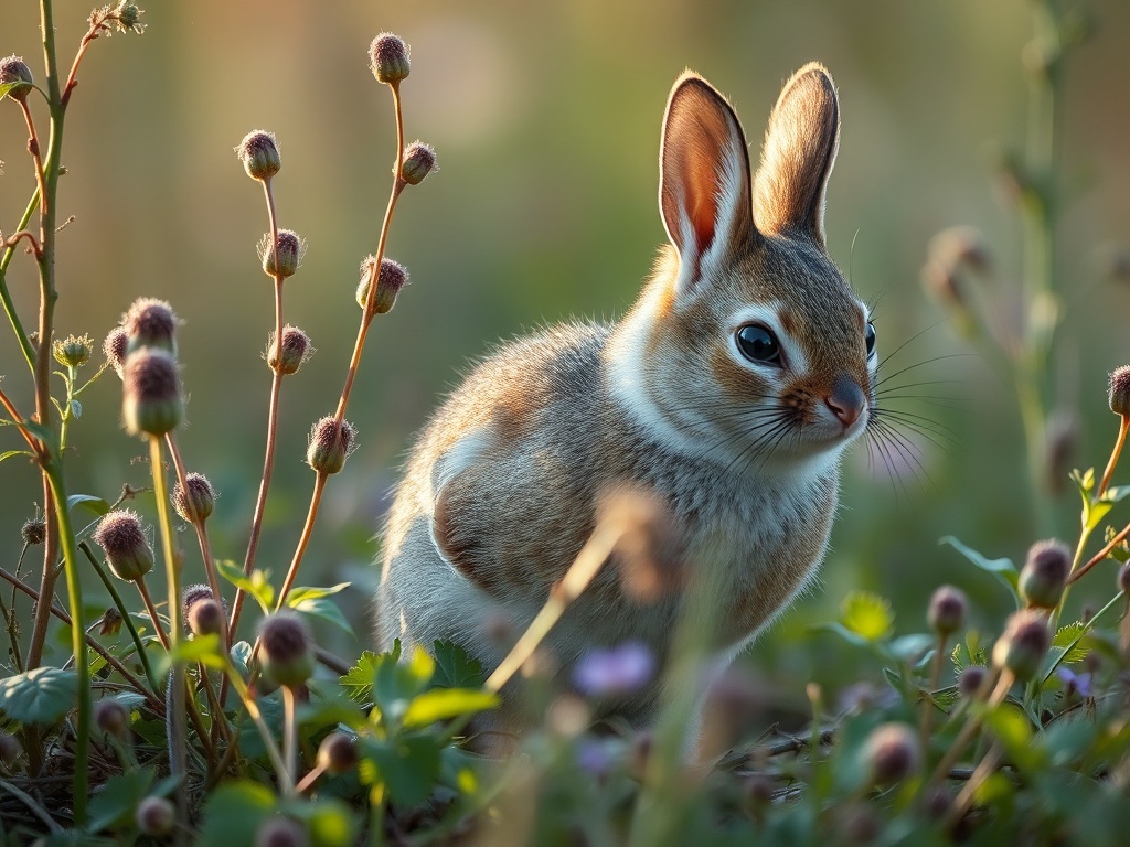 На изображении сидит кролик среди зелёных растений и нежных бутонов, освещённый мягким светом.