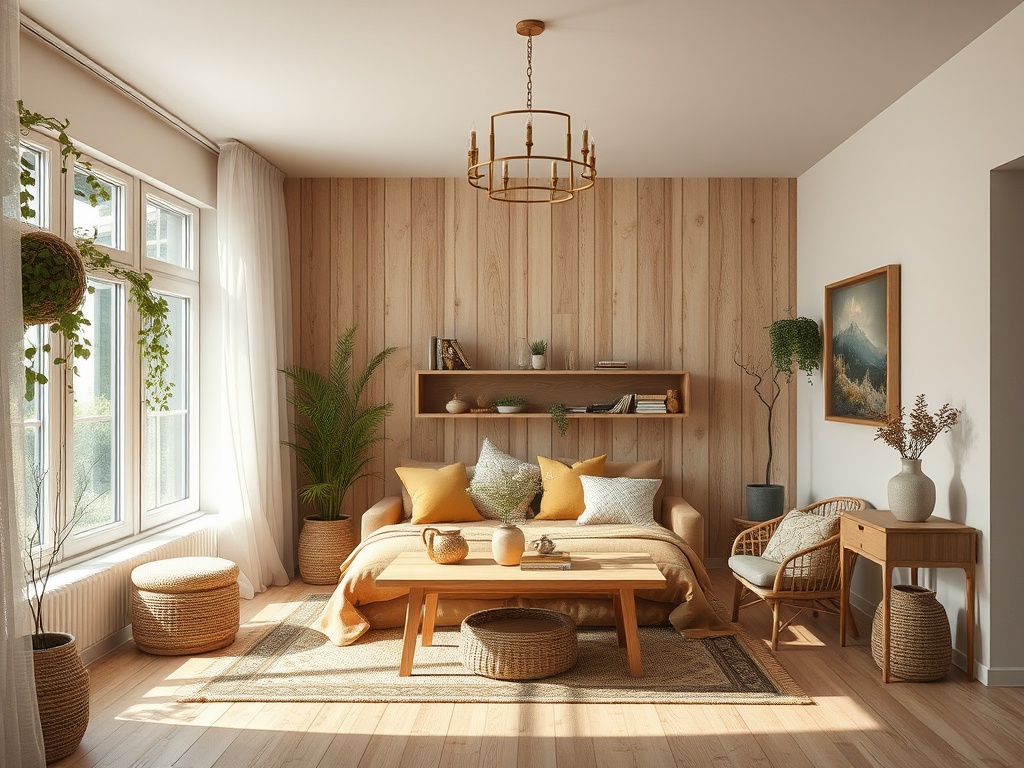 Уютная гостиная с деревянными стенами, зелеными растениями и мягкой мебелью, освещенная солнечным светом.