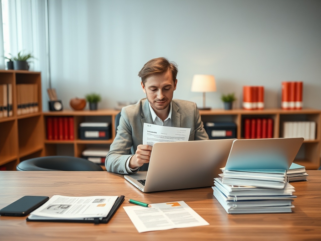 Мужчина в костюме читает документы за компьютером в офисе, окруженном папками и бумагами.