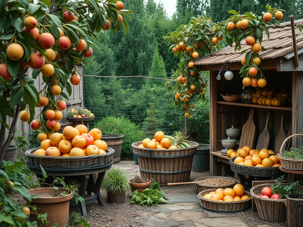 Сад с фруктами: корзины, полные апельсинов и яблок, среди зелени и деревянной постройки.