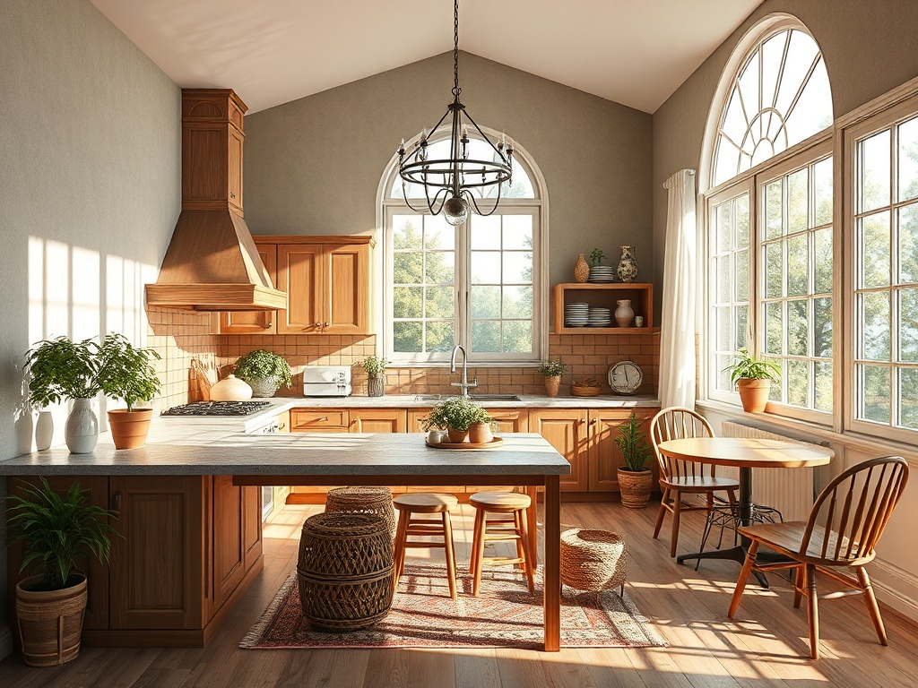 Светлая кухня с деревянными шкафами, большими окнами и зелеными растениями на столе и подоконнике.