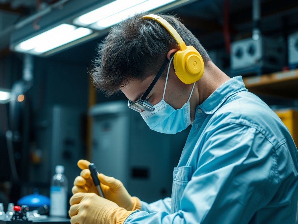 Молодой человек в защитной маске и наушниках работает с инструментом в лаборатории.