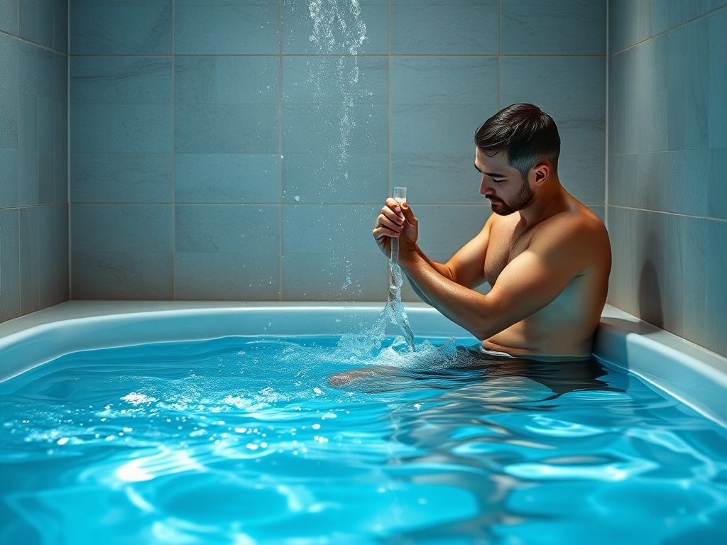 Мужчина сидит в ванной, играет с водой, окружённый голубыми плитками. Атмосфера спокойствия и уединения.